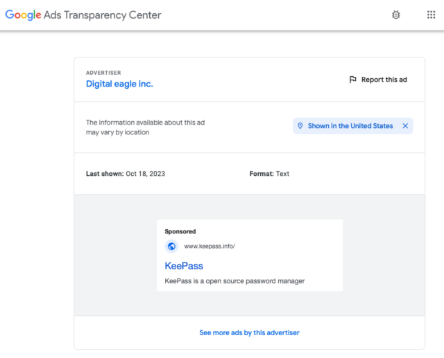 Screenshot der Google Ad Transparency-Seite mit Informationen für Digital Eagle, Inc.