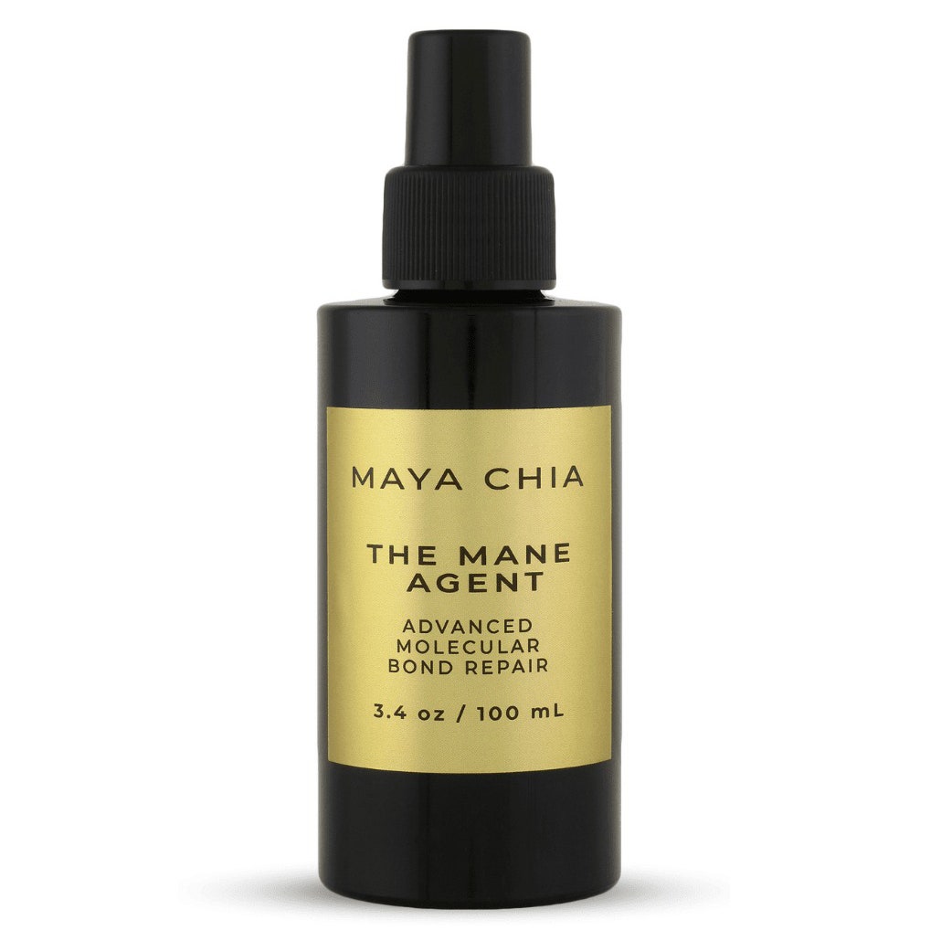 Maya Chia The Mane Agent schwarze Sprühflasche mit goldenem Etikett auf weißem Hintergrund