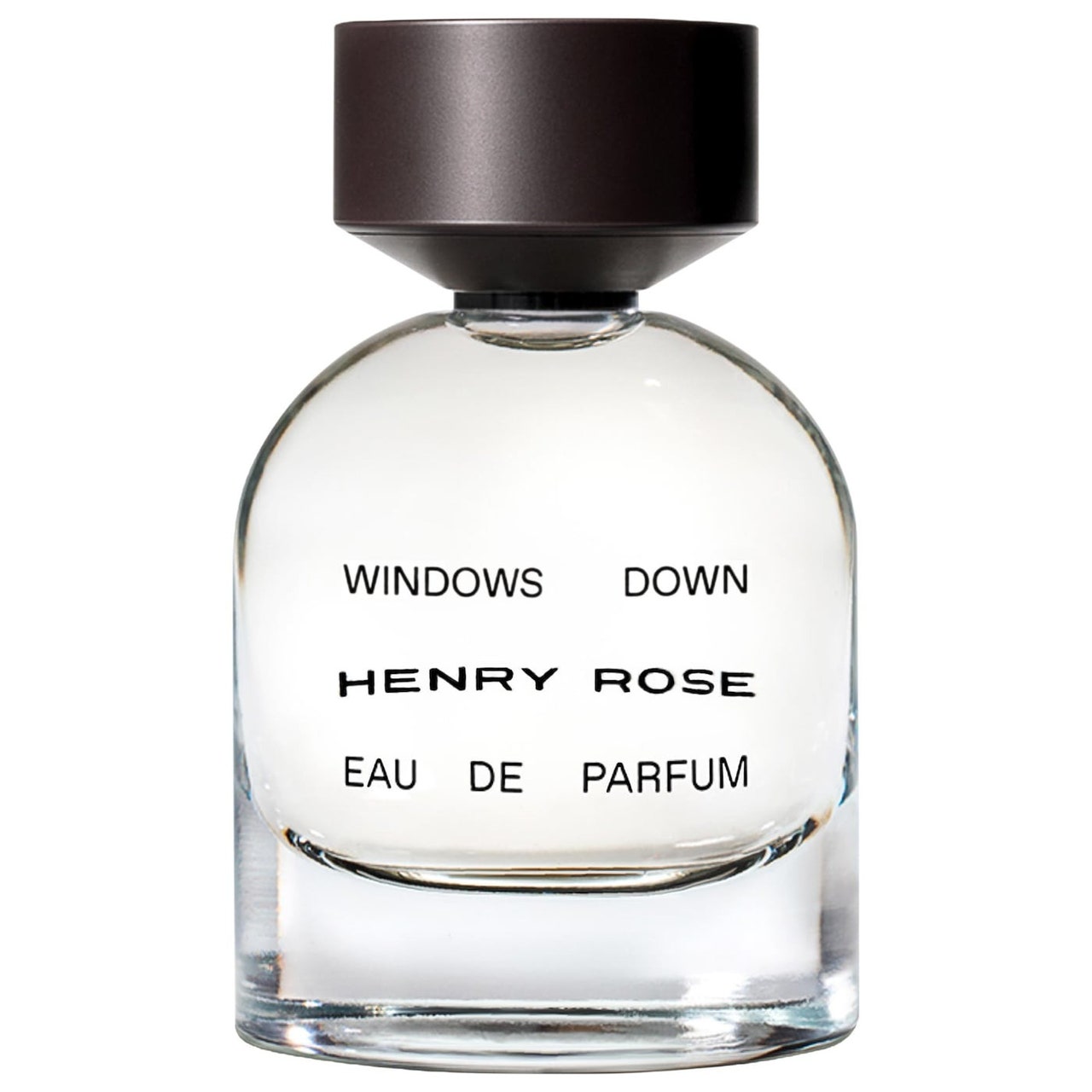 Henry Rose Windows Down Eau de Parfum transparente Parfümflasche mit schwarzem Verschluss auf weißem Hintergrund