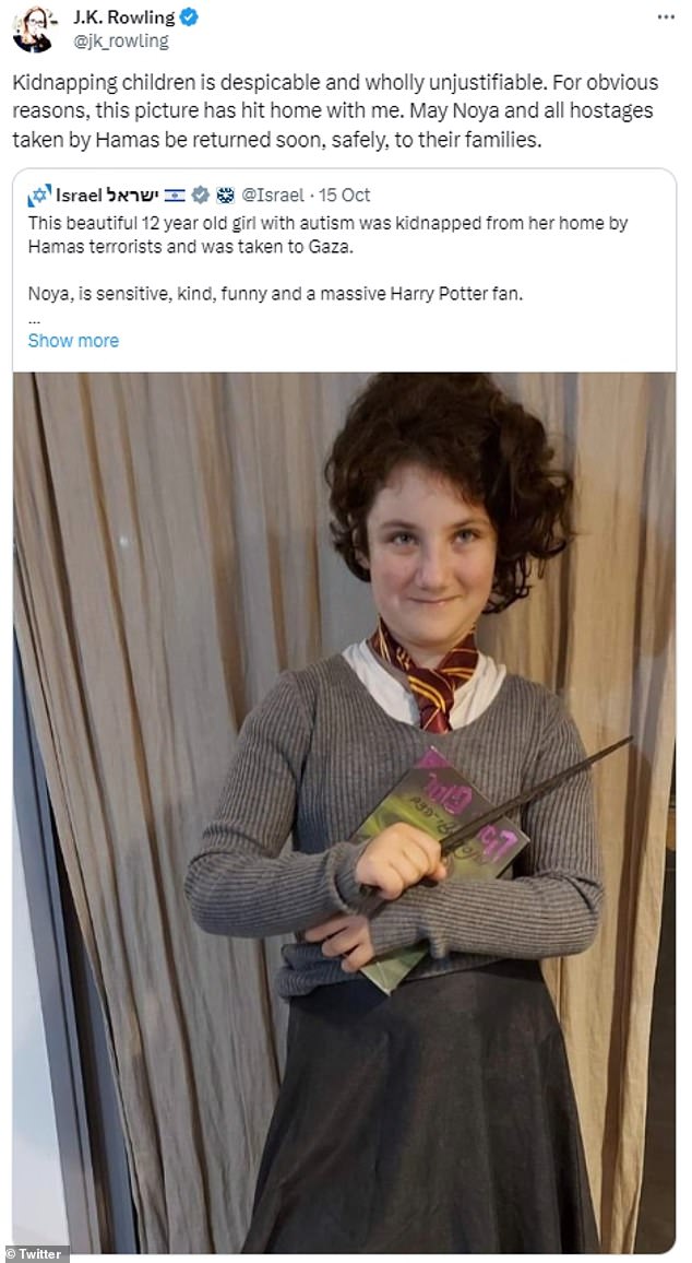 An Israeli Harry Potter fan whose plight was highlighted by author JK Rowling has been found dead, the country has announced. Noya Dan (pictured), a 12-year-old autistic child, and her 80-year-old grandmother Carmela, were among those who went missing on October 7