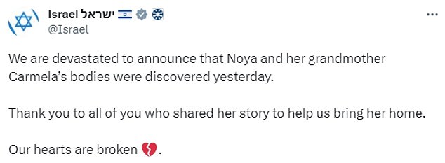 The deaths of Noya and Carmela were later confirmed by Israel's official Twitter account