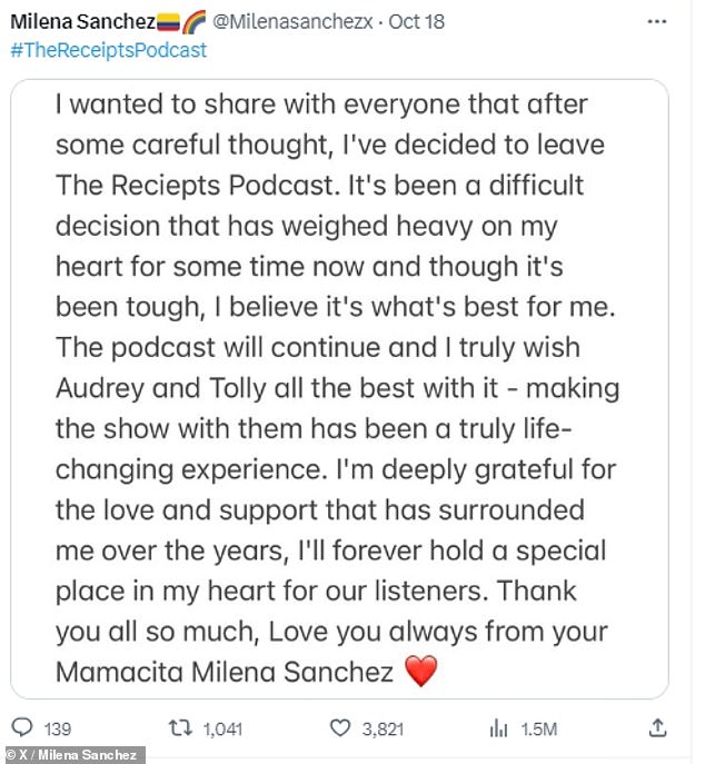 Milena – die auch Singer-Songwriterin ist – aus London teilte in den sozialen Medien eine Nachricht über ihren Abschied