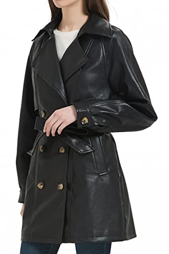 RISISSIDA Damen-Trenchcoats aus Kunstleder, mittellang, lange Jacke aus veganem Kunstleder, zweireihig, mit Gürtel, Schwarz 22072 XL