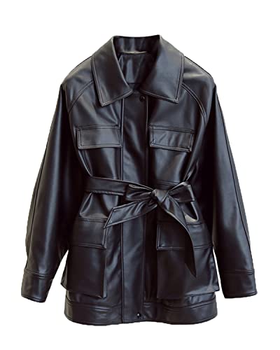LY VAREY LIN Damen-Hemdjacke aus Kunstleder mit Gürtel, Revers-Blazer-Mantel und Brusttasche
