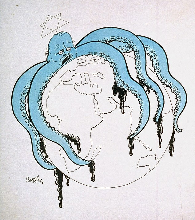 Eine antisemitische Propaganda-Karikatur von Seppla (Josef Plank), einem der berühmtesten Karikaturisten Nazi-Deutschlands, die Winston Churchill als Oktopus in einer Karikatur zeigt, die vor einer weltweiten jüdischen Verschwörung warnt.  Der Cartoon zeigt einen Oktopus mit einem Davidstern über dem Kopf und Tentakeln, die einen Globus umfassen
