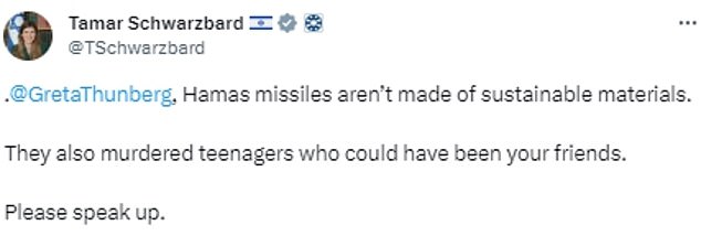 Nach dem ersten Post von Frau Thunberg wurde ihr vorgeworfen, Terroranschläge der Hamas, bei denen in Israel 1.400 Menschen getötet wurden, zu vertuschen