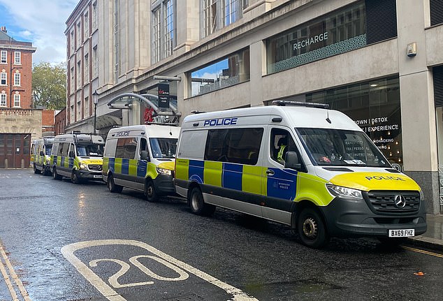 At least 20 police vans were seen in the vicinity of the embassy by midday on Saturday