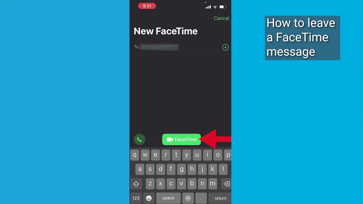 Screenshot des FaceTime-Nachrichtenbildschirms mit einem roten Pfeil, der auf die FaceTime-Schaltfläche zeigt.