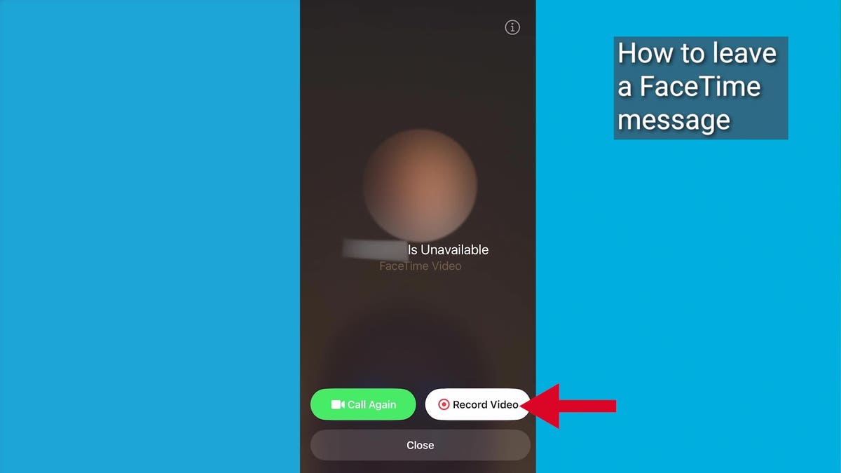 Screenshot des FaceTime-Bildschirms mit einem Pfeil, der darauf zeigt "Ein Video aufnehmen" Taste.