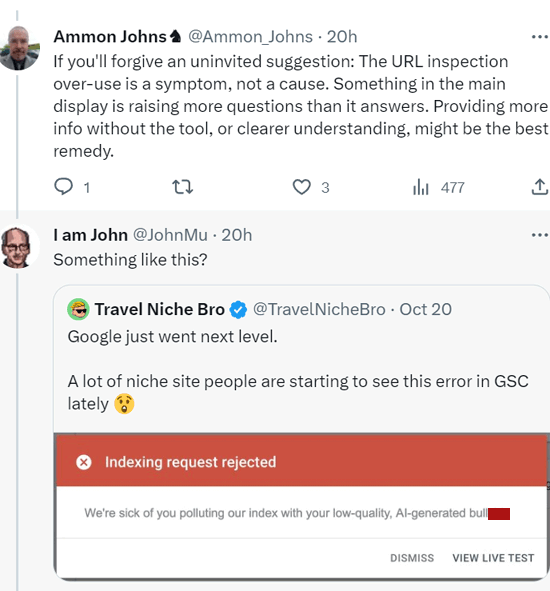 Der Tweet von John Mueller deutet darauf hin, dass es möglicherweise ein Qualitätsproblem im Zusammenhang mit der Weigerung der Google-Suchkonsole gibt, übermittelte URLs zu indizieren