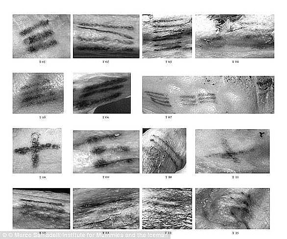 Experten entdeckten insgesamt 61 Tätowierungen auf Ötzis Körper, indem sie verschiedene Lichtwellenlängen nutzten, um sie auf der dunklen Haut der Mumie zu erkennen. Im Dezember 2015 wurde bestätigt, dass es sich dabei um die ältesten Tätowierungen der Welt handelt