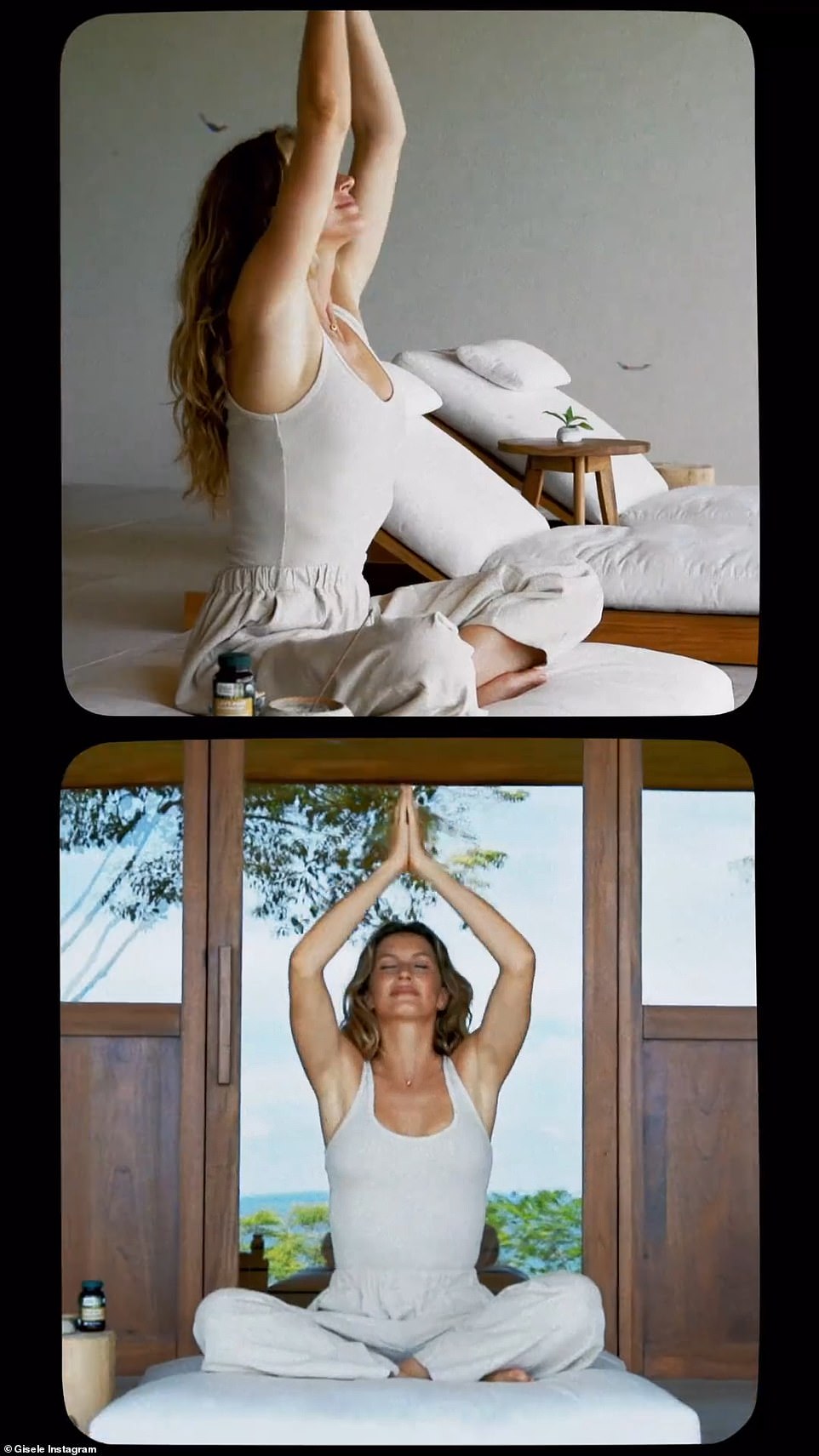 Yoga-Stretch: Die Mutter von zwei Kindern saß mit gekreuzten Beinen auf dem Holzbalkon in einem Haus an einem tropischen Ort und machte Yoga-Übungen
