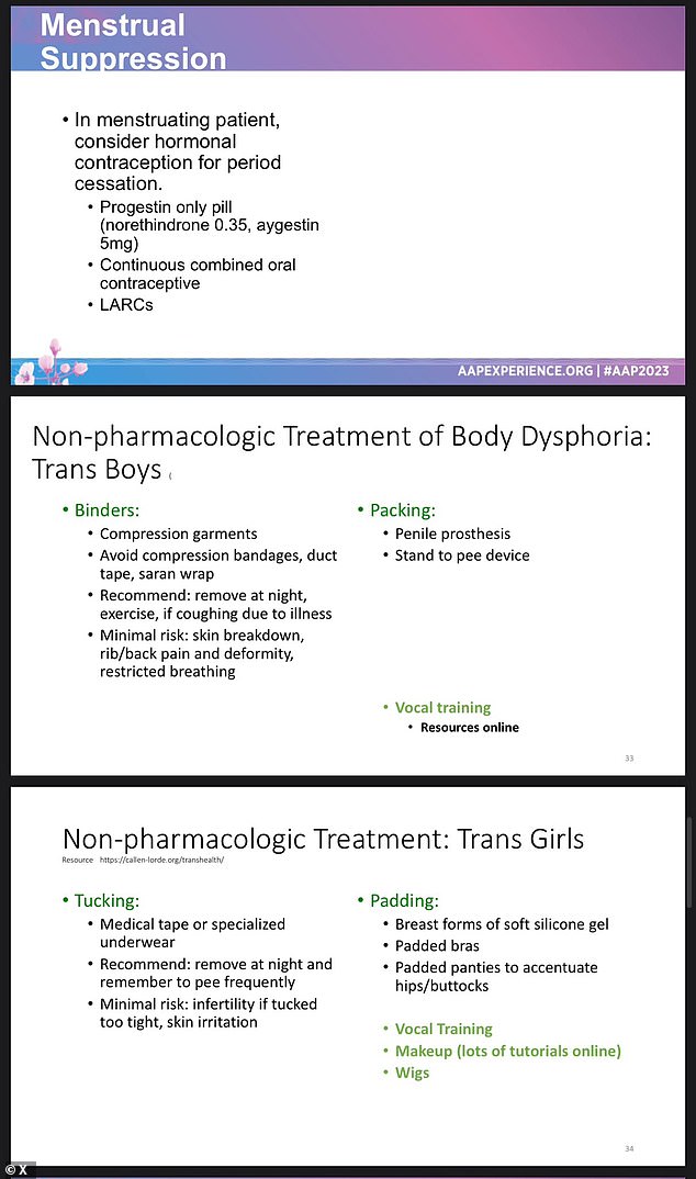 In weiteren Punkten von Dr. Sherers Präsentation wurde eine mögliche „nicht-pharmakologische Behandlung von Körperdysphorie“ für Transmädchen und Transjungen dargelegt.