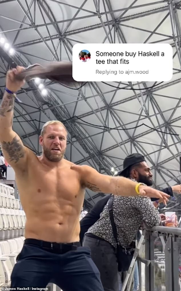 Celebrations: James Haskell didn't have a care in the world as he let loose at the Rugby World Cup over the weekend after denying he had done anything wrong when he was pictured looking close with a mystery blonde on a night out