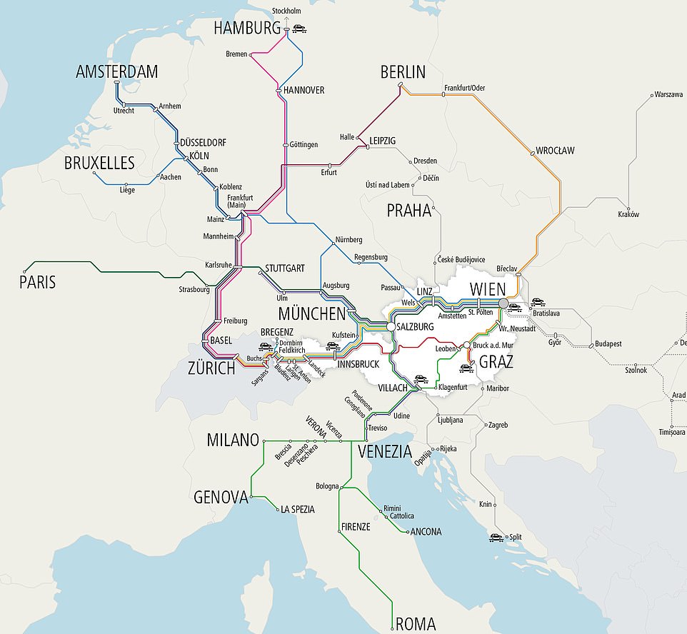 Die Nightjet-Streckenkarte.  Einige der Ziele werden mit Hilfe des Nightjet-Partnerbahnsystems „EuroNight Trains“ erreicht.