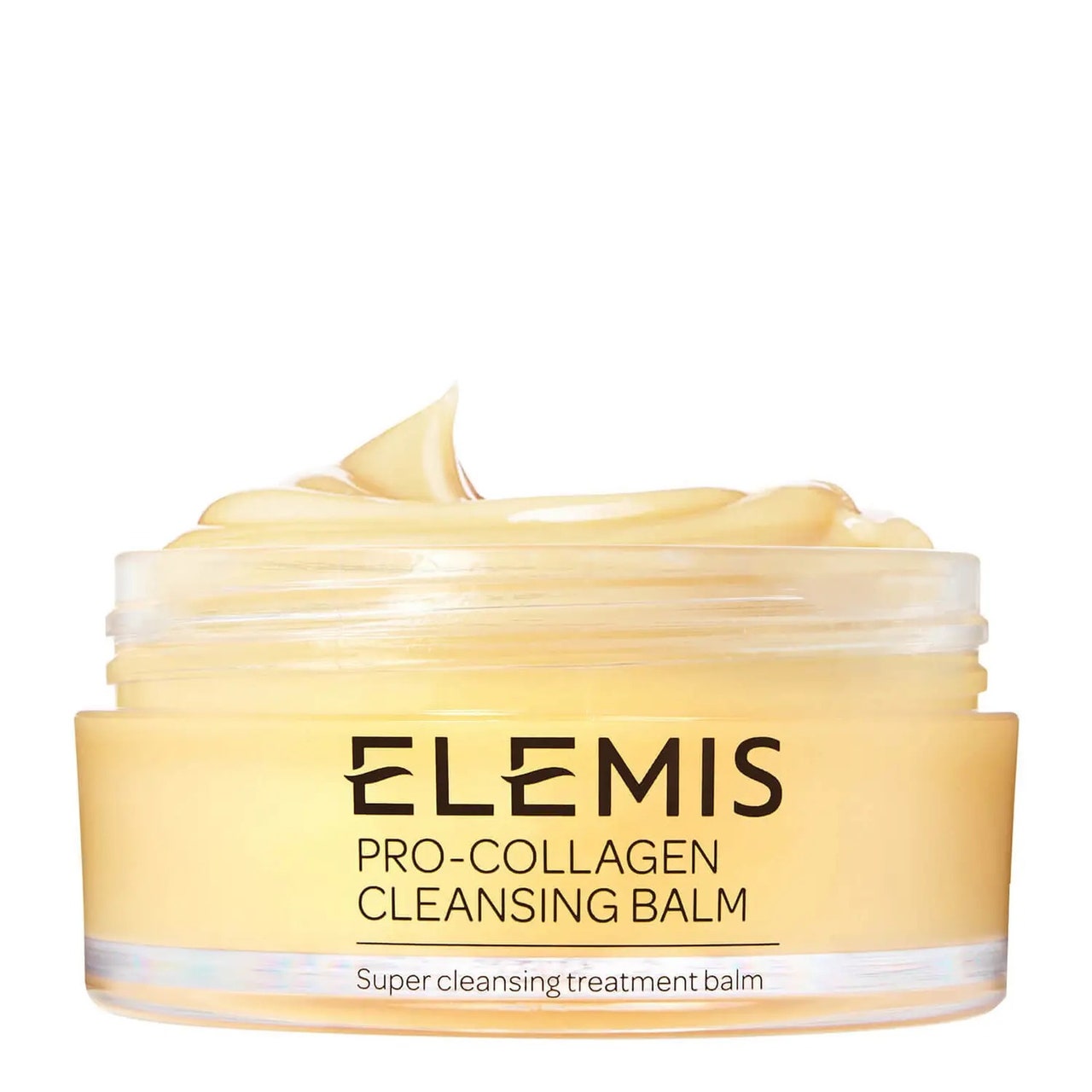 ELEMIS Pro-Collagen Cleansing Balm im offenen Glas mit gelbem Inhalt auf weißem Hintergrund