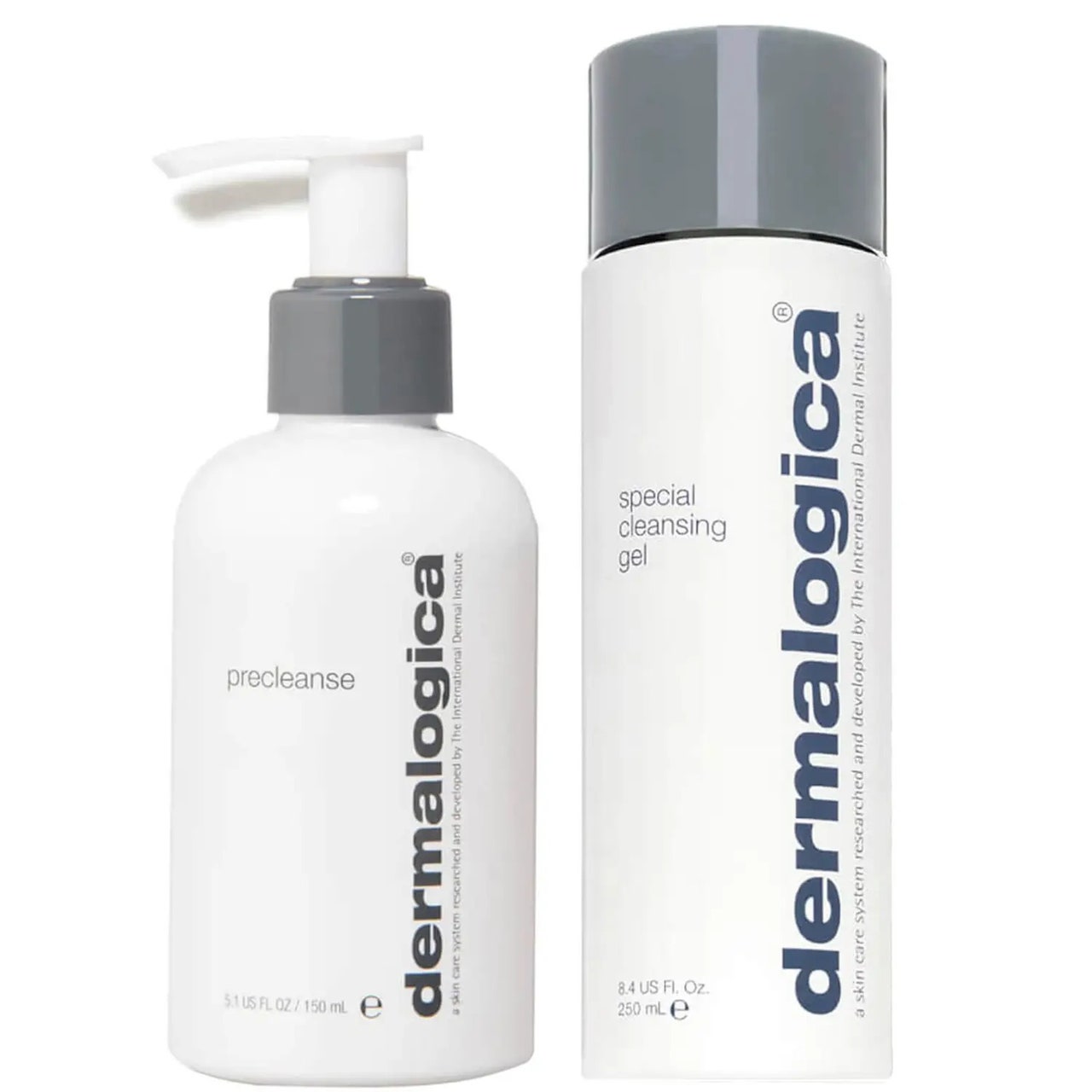 Dermalogica Cleansing Duo, eine Pumpflasche und eine Flasche mit grauem Verschluss auf weißem Hintergrund