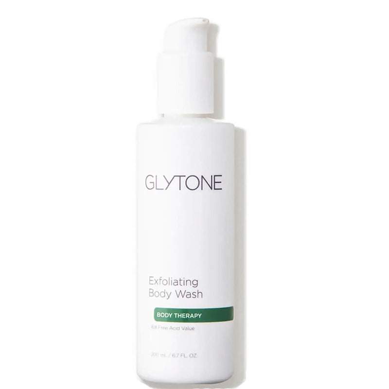 Glytone Exfoliating Body Wash in weißer Flasche auf weißem Hintergrund