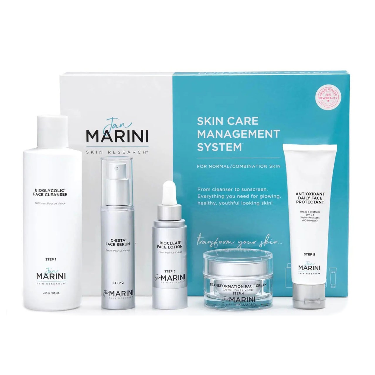 Jan Marini Skincare Management System blau-weißer Karton und fünf Produkte auf weißem Hintergrund