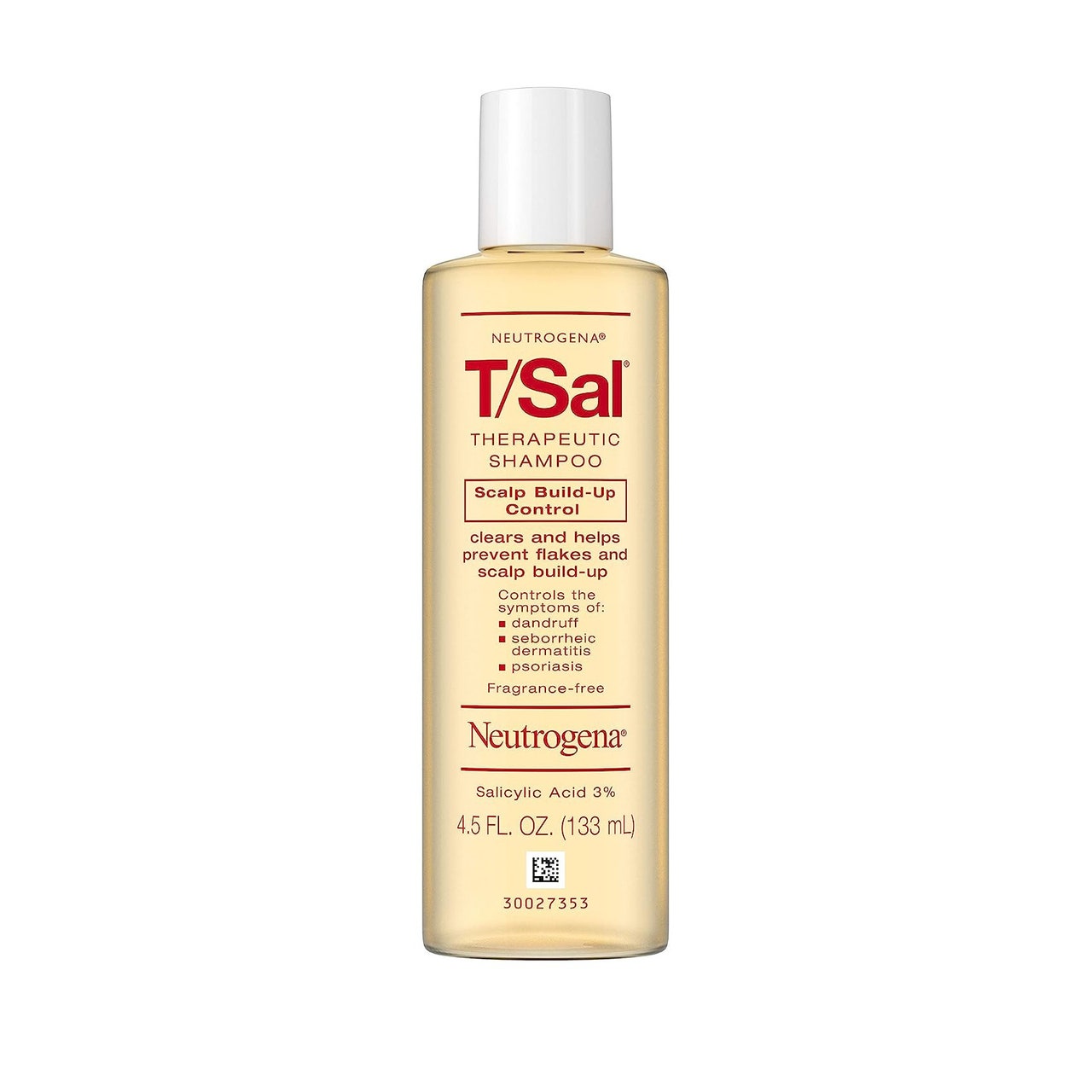 Neutrogena T/Sal Therapeutic Shampoo, gelbe Flasche mit rotem Text und weißem Verschluss auf weißem Hintergrund