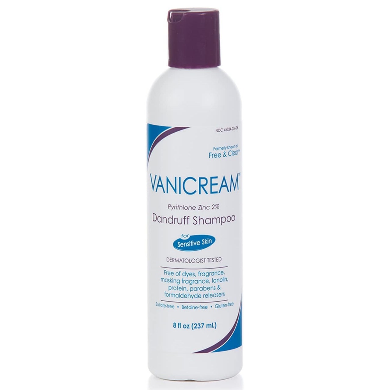 Vanicream Dandruff Shampoo weiße Flasche mit lila Verschluss auf weißem Hintergrund
