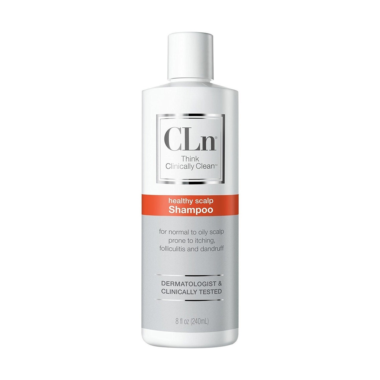 CLN-Hautpflege-Shampoo. Weiße und graue Flasche Schuppenshampoo auf weißem Hintergrund