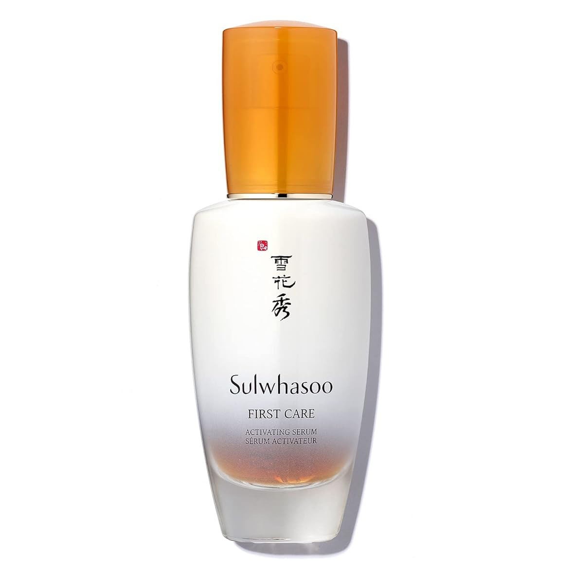 Sulwhasoo First Care Activating Serum in Glasflasche mit orangefarbener Kappe auf weißem Hintergrund