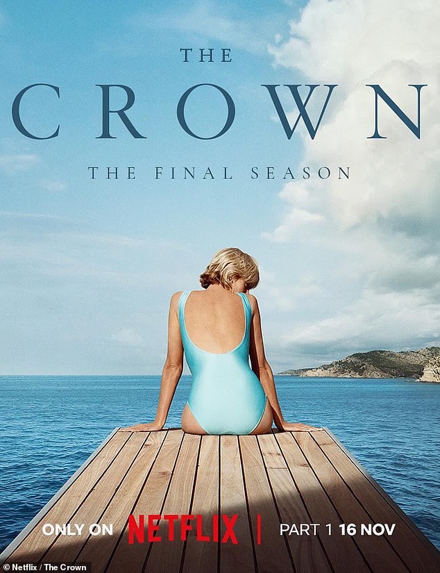 Demnächst: Das Poster zur sechsten Serie zeigt eine beeindruckende Aufnahme von Prinzessin Diana in einem blauen Badeanzug, die am Ende eines Stegs sitzt