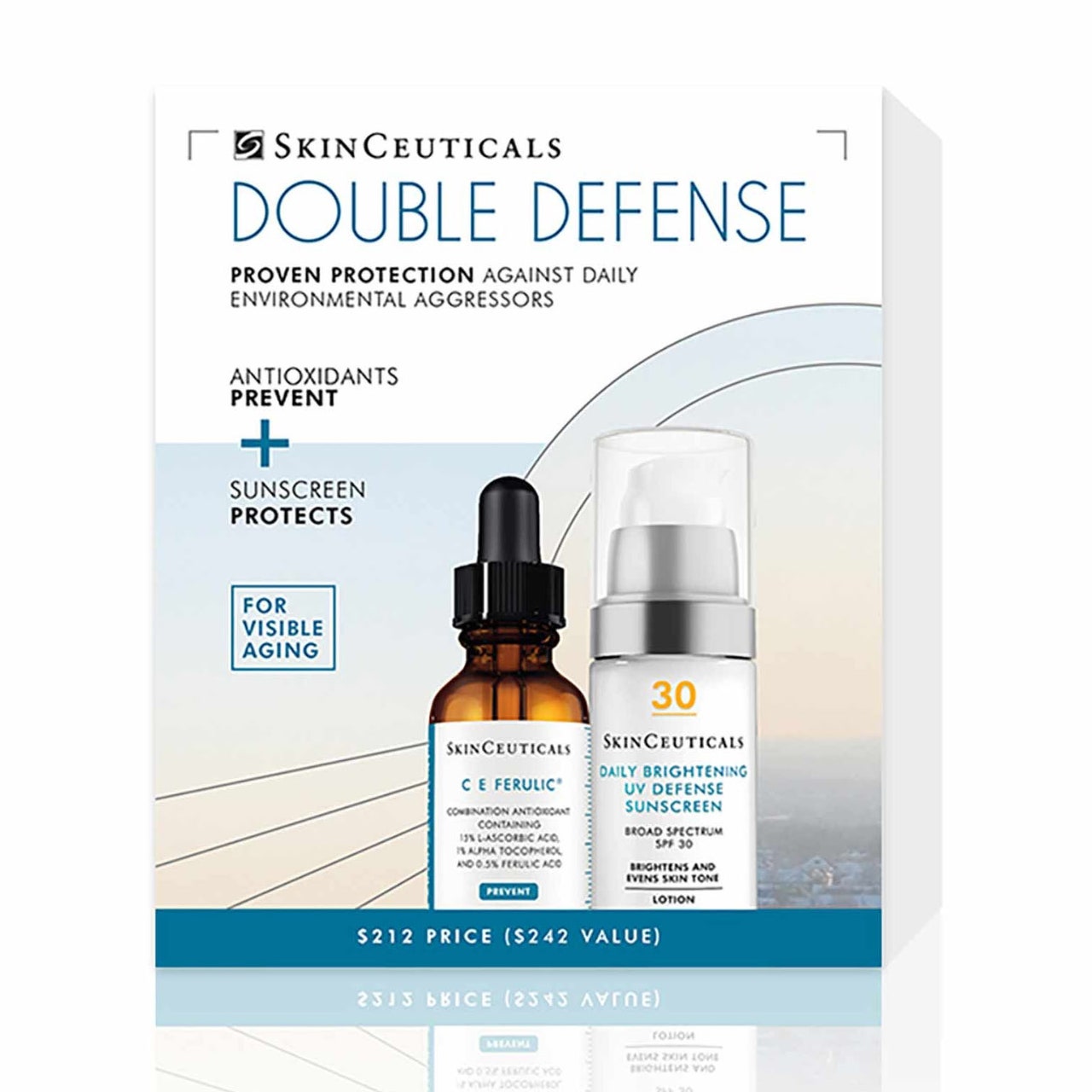 SkinCeuticals Double Defense CE Ferulic Daily Brightening UV-Box mit Serum und Pumpflasche