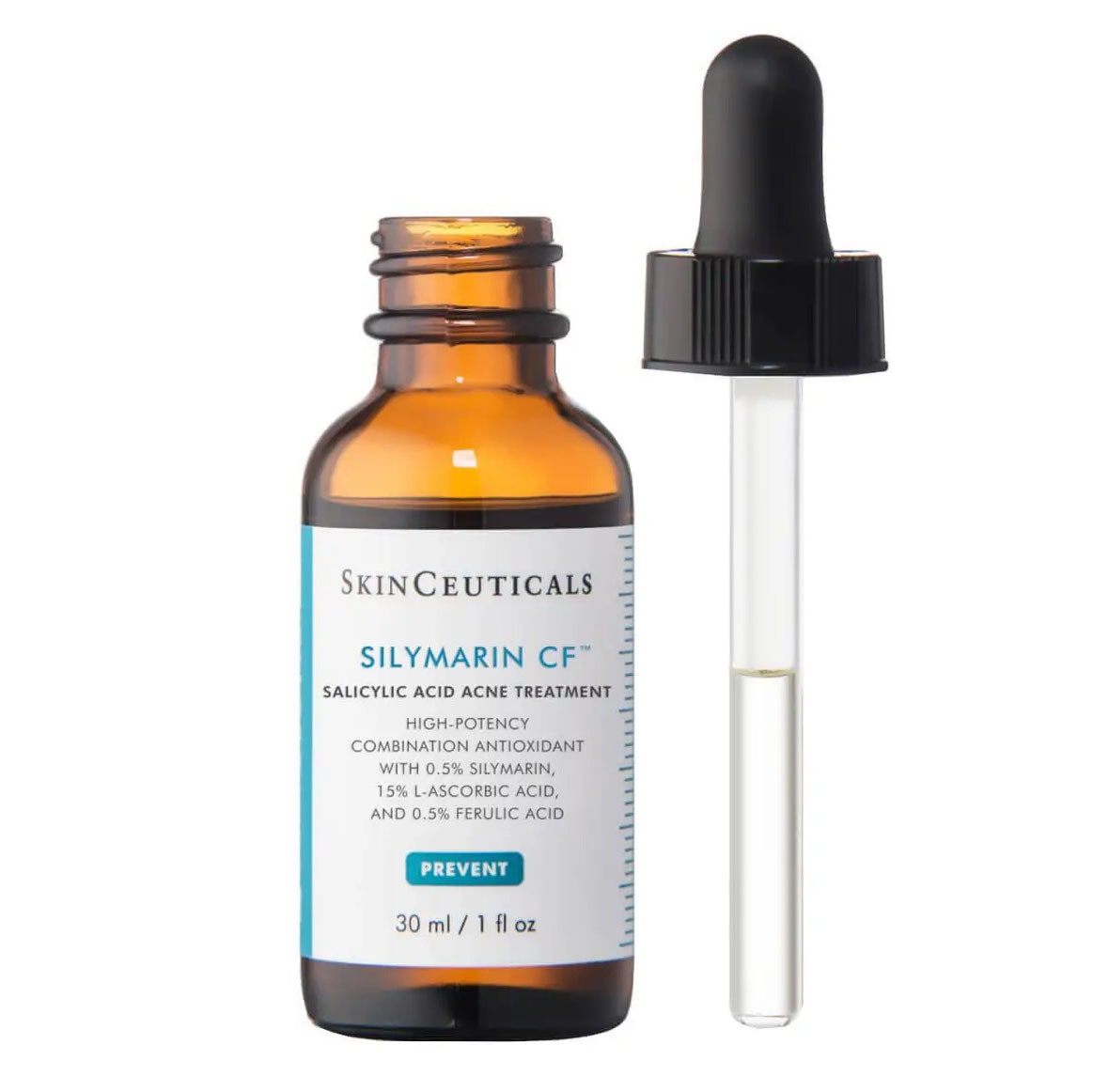 SkinCeuticals Silymarin CF Serumflasche und Tropfer auf weißem Hintergrund
