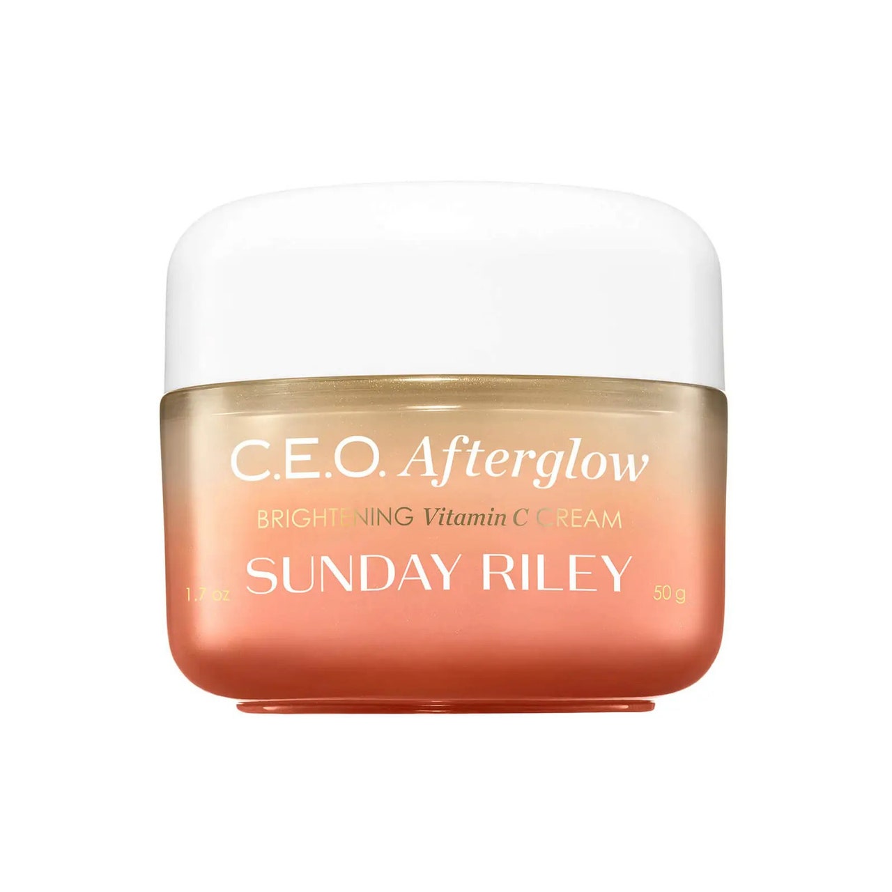 Sunday Riley CEO Afterglow Brightening Vitamin C Cream orangefarbenes Glas mit weißem Deckel auf weißem Hintergrund