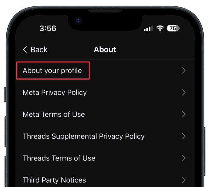 Der Abschnitt „Info“ des Unterabschnitts „Einstellungen“ der Threads-App, in dem die Schaltfläche „Über dieses Profil“ hervorgehoben ist.