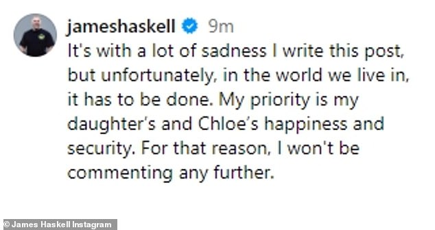 Breaking his silence: Sharing the statement to Instagram, James announced: 'It's with a lot of sadness I write this post, but unfortunately, in the world we live in, it has to be done'