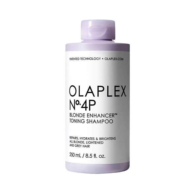 Olaplex No.4P Blonde Enhancer Toning Shampoo: Eine lila Shampooflasche mit weißem Etikett und schwarzem Text auf weißem Hintergrund