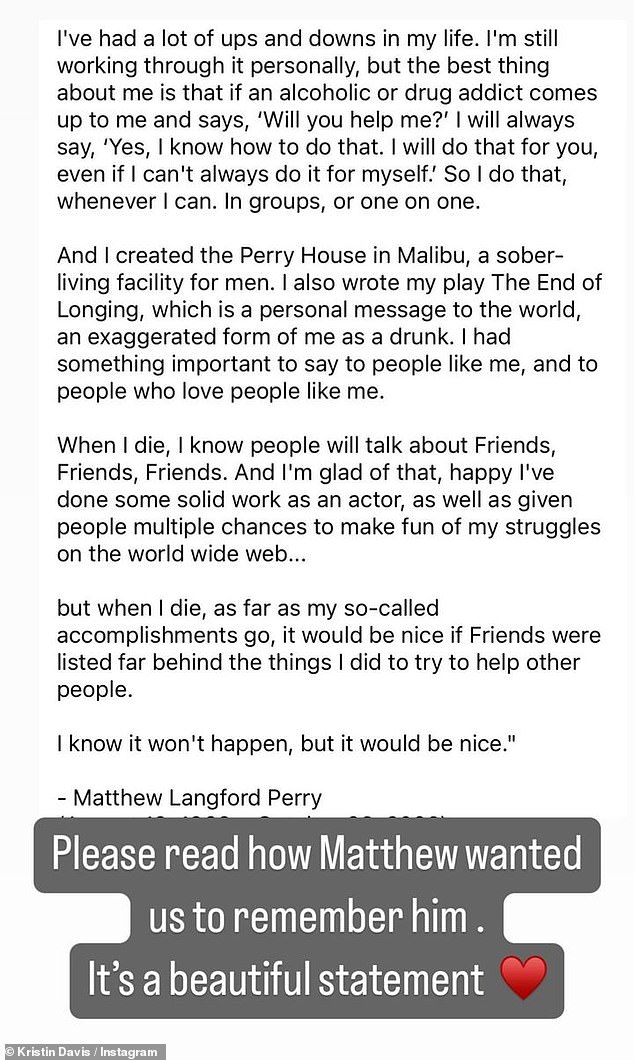 Aussage: In ihren Instagram Stories teilte Kristin eine Aussage von Matthew darüber, wie er hoffte, in Erinnerung zu bleiben