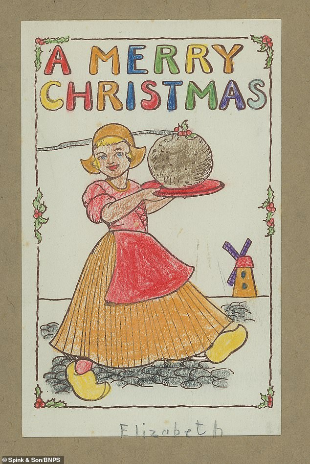 Eine andere Karte zeigt ein idyllisches, schneebedecktes ländliches Dorf und eine andere zeigt eine junge Frau, die einen Weihnachtspudding in der Hand hält