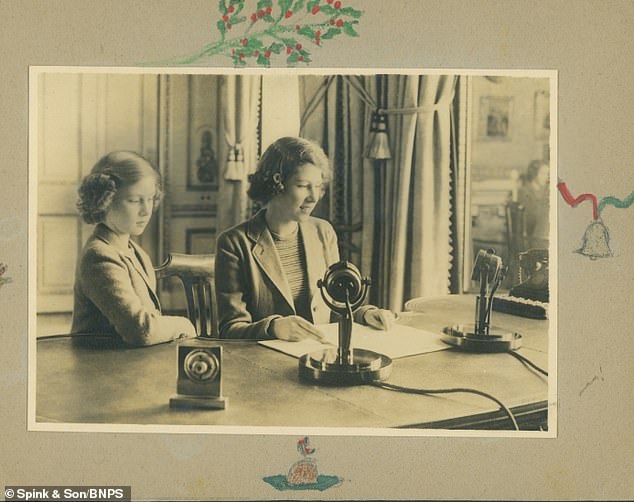 Eine Karte mit einem Foto von Prinzessin Elizabeth, die eine Kriegsbotschaft aufzeichnet