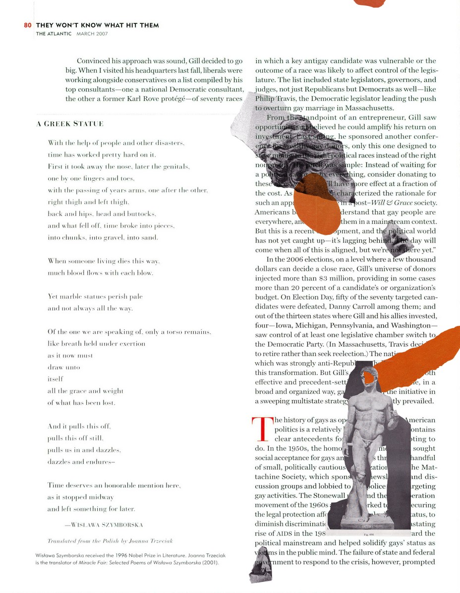 Die Original-PDF-Seite mit Bildern einer griechischen Statue und darüber collagierten roten Farbflecken