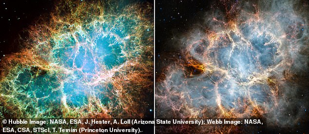 Webb ist nicht das erste Teleskop, das ein Bild des Krebsnebels gemacht hat – das legendäre Hubble-Weltraumteleskop der NASA hat dies bereits 2005 geschafft (Bild links).  Da Webb jedoch im Infrarotbereich sehen kann, bietet er einen noch nie dagewesenen „scharfen“ Blick auf die Sternexplosion mit großartigen Details (rechts).