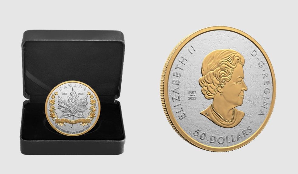 Eine Silver Maple Leaf (SML)-Gedenkmünze aus reinem Silber im Wert von 50 $.