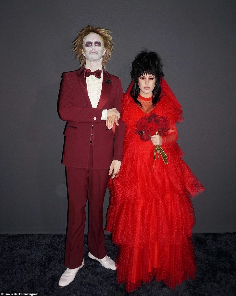 Last weekend Kourtney Kardashian hid her big pregnancy bump in a red dress to be Lydia Deetz in an image shared to Instagram on Monday. They were dressed up as the characters played by Michael Keaton and Winona Ryder in the 1988 film Beetlejuice