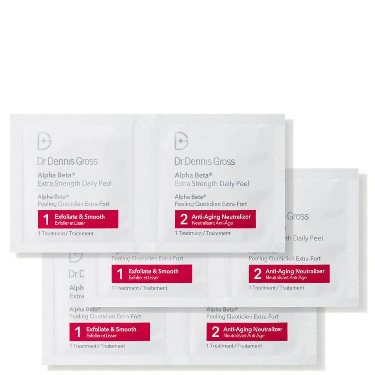 Dr. Dennis Gross Skincare Alpha Beta Extra Strength Daily Peel sechs weiße Plastikpäckchen mit roten Etiketten auf weißem Hintergrund