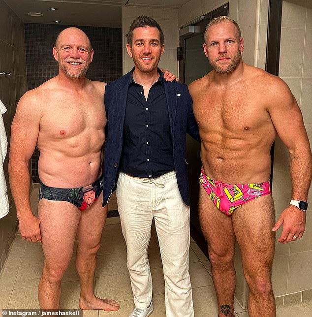 Mike Tindall (left) , 44, pictured in a personalised pair of budgie smugglers as he poses with his podcast co-hosts Alex Payne (centre), 42, and James Haskell (right), 38
