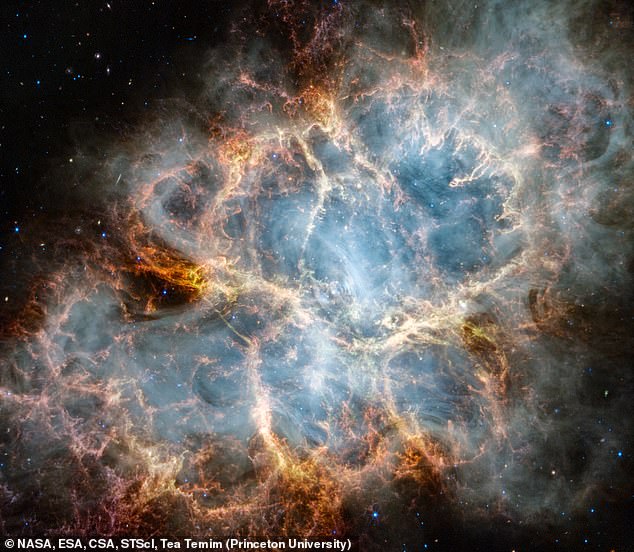Wow: Dank des James-Webb-Weltraumteleskops der NASA ist der Krebsnebel jetzt wie nie zuvor zu sehen.  Das bemerkenswerte Objekt (im Bild) ist das Überbleibsel einer Sternexplosion, die vor fast 1.000 Jahren den Himmel erleuchtete – hell genug, um auf der Erde aus einer Entfernung von 6.500 Lichtjahren gesehen zu werden