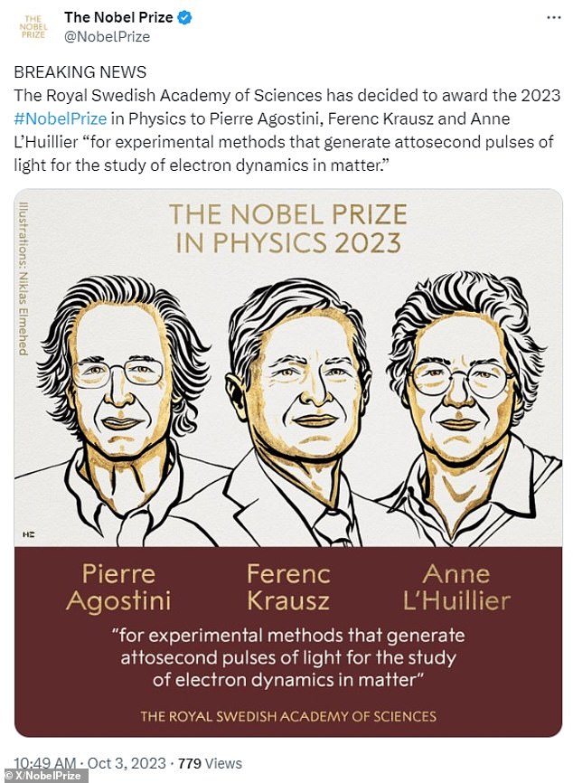 Pierre Agostini, Ferenc Krausz und Anne L'Huillier wurden für experimentelle Methoden ausgezeichnet, die Attosekunden-Lichtimpulse zur Untersuchung der Elektronendynamik erzeugen