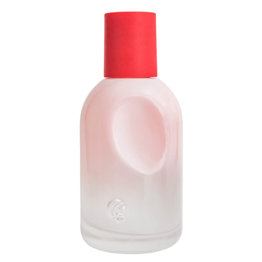 Glossier You rosa-weißer Ombre-Behälter mit roter Kappe auf weißem Hintergrund