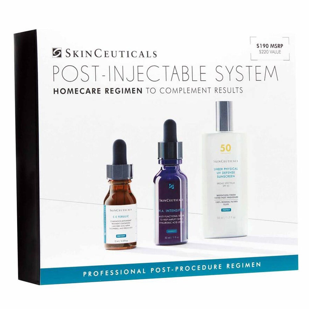 SkinCeuticals Post-Injectable Skincare Routine-Box mit zwei Seren und weißer Flasche auf weißem Hintergrund