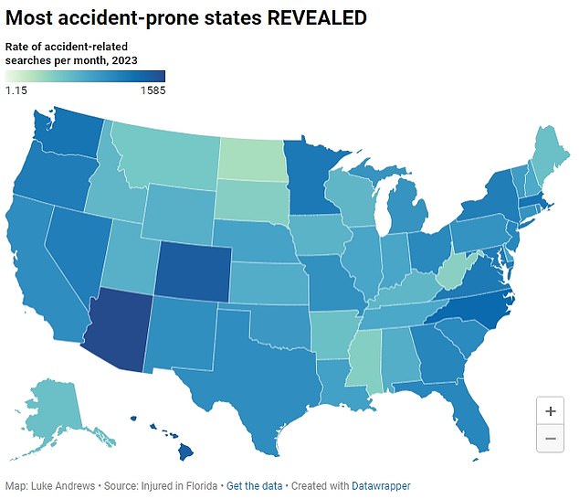 Die obige Karte zeigt die durchschnittliche monatliche Rate unfallbezogener Internetsuchen nach Bundesstaaten und zeigt, dass Arizona am anfälligsten für Unfälle war
