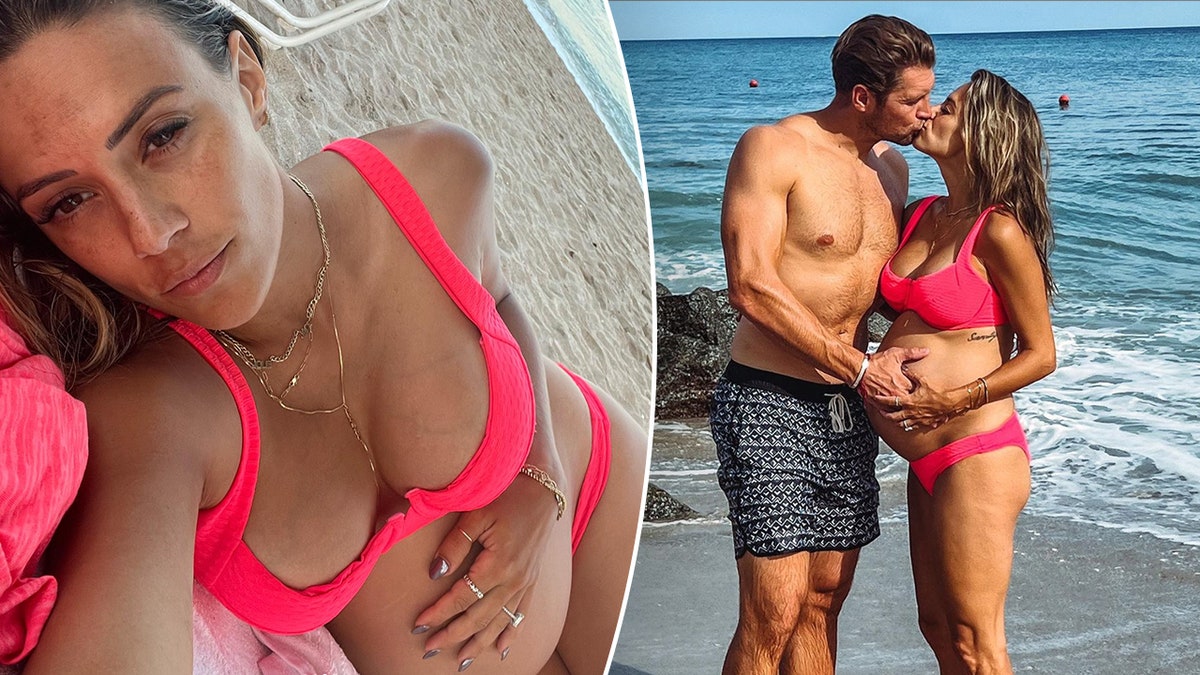Jana Kramer hält ihren Babybauch in einem Bikini-Split. Jana Kramer küsst Allan Russell am Strand 