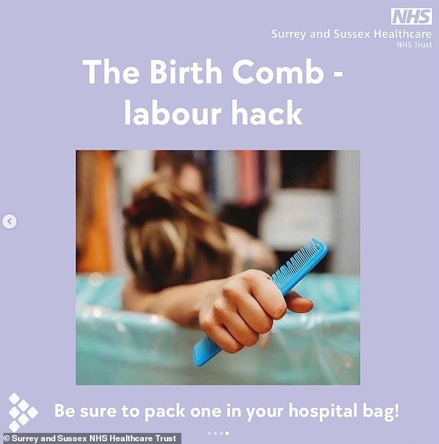 Die Entbindungsabteilung des Surrey and Sussex NHS Healthcare Trust hat auf Instagram Informationen über den Kamm-„Wehen-Hack“ gepostet (siehe Abbildung oben).  Die Entbindungsstation schlägt vor, dass das Halten eines Kamms bei den Wehenschmerzen helfen könnte